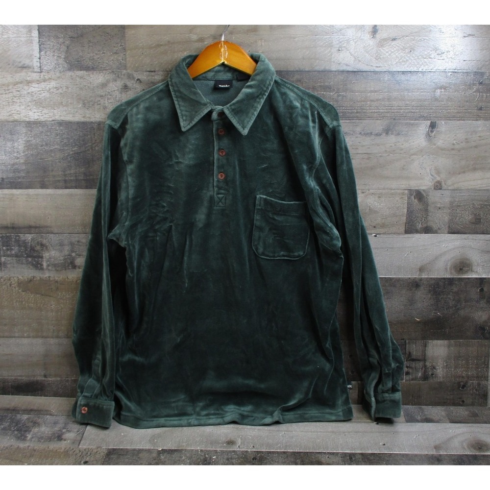 Mossimo Shirt Mens Medium Green Velour Polo Long Sleeve Chest Pocket Collared - Picture 2 of 14